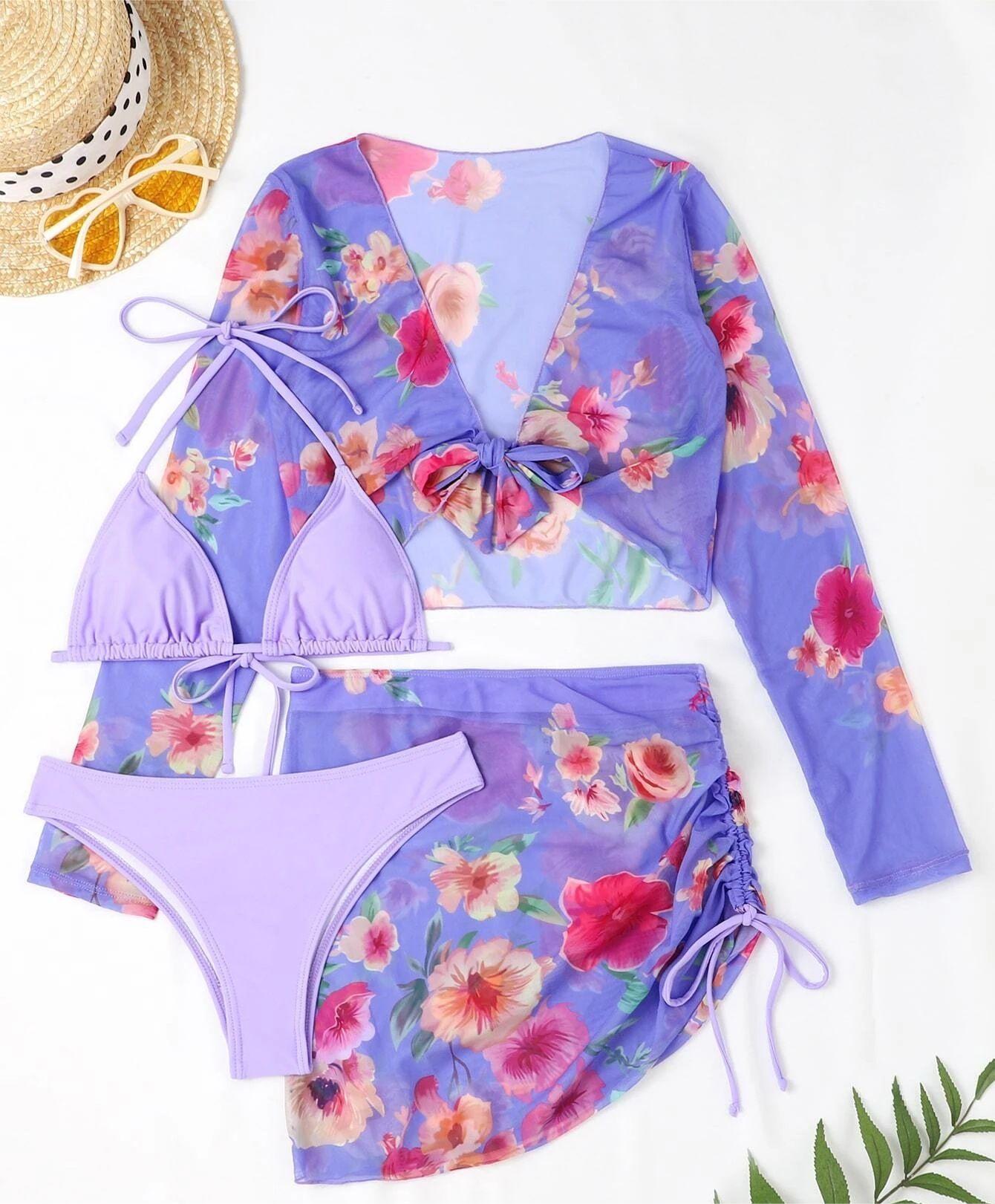 Four Piece Swimsuit Sexy Split Printed Mesh Long Sleeve Swimsuit High Profile Figure Bella Mia